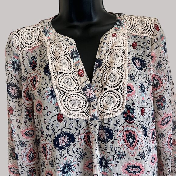 Maurices Blouse Women Small Boho Floral Crochet Tunic Top Cottage Feminine Sheer - Picture 4 of 10